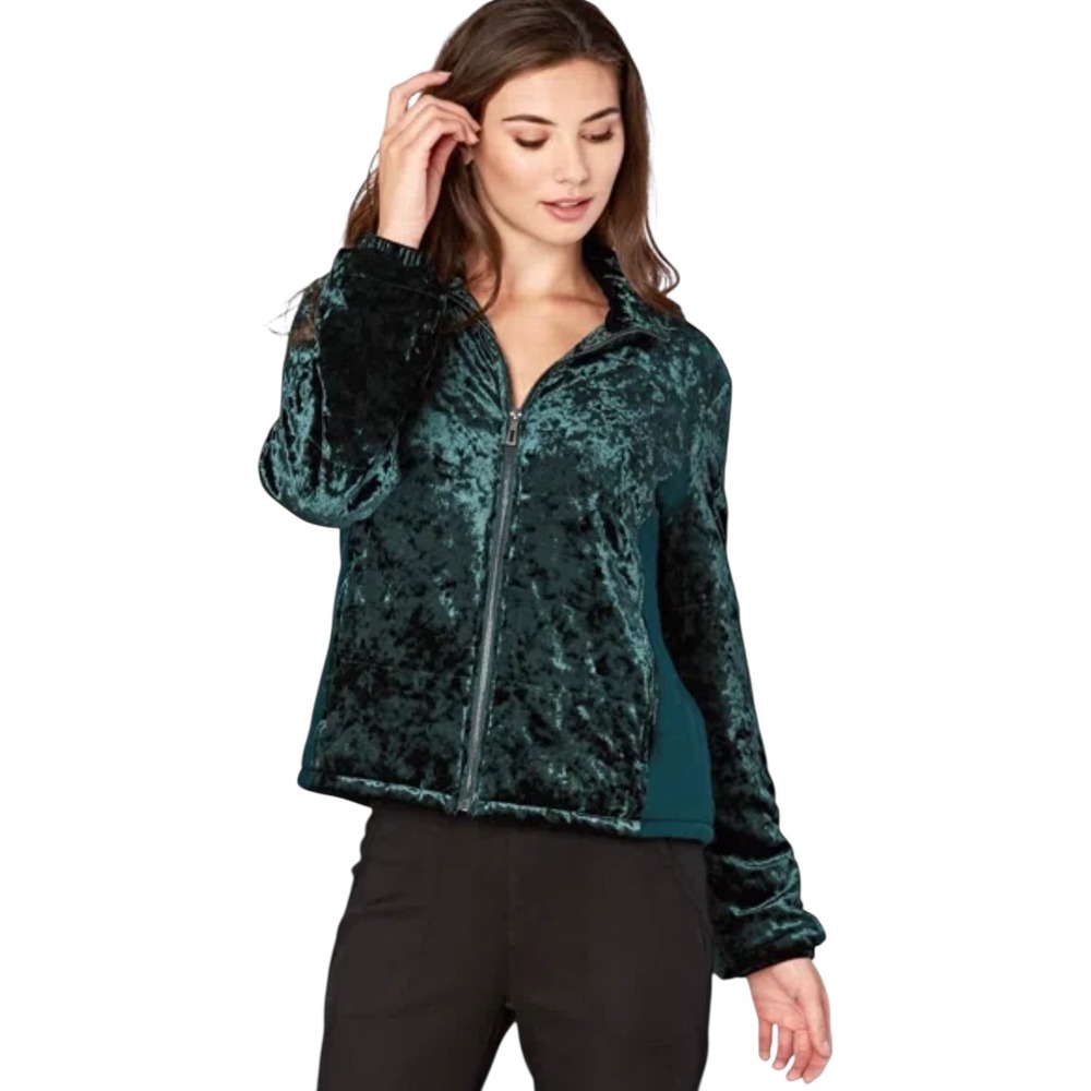 XCVI Full‎ Zip Crushed Velvet Full Zip Jacket Green Womens XL Stretch Pockets